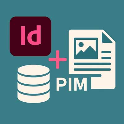 Ilustración conceptual que representa la integración de Adobe InDesign con un sistema PIM para crear catálogos