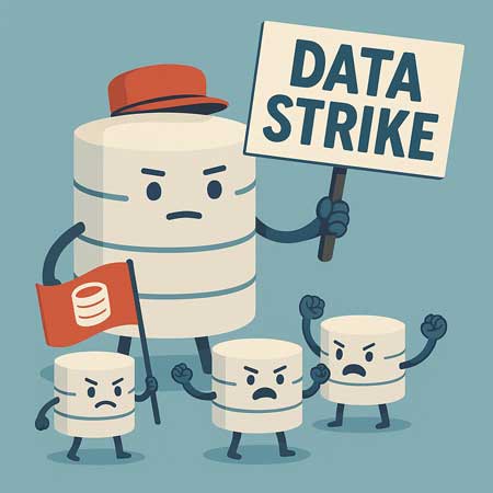 Ilustración divertida de bases de datos antropomorfizadas en huelga con pancartas, representando la sindicación de datos