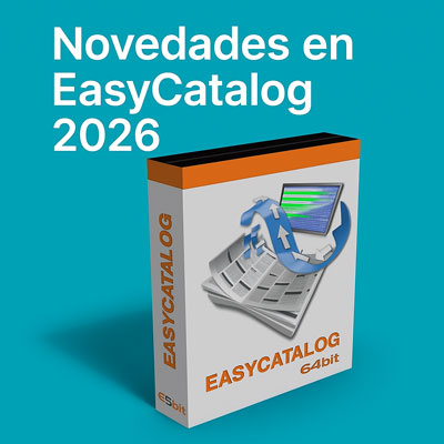 Caja 3D del software EasyCatalog 64 bit sobre fondo magenta con el texto “Novedades en EasyCatalog 2026”.