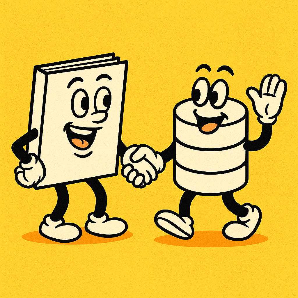 Ilustración tipo cómic con un catálogo y una base de datos como personajes que se dan la mano, simbolizando la colaboración entre impresión y Database Publishing.